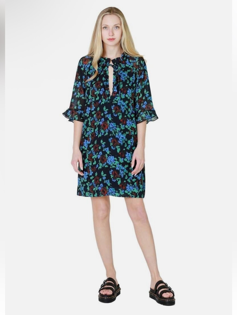 Ganni Printed Light Crepe Mini Dress Meadow Azure Blue Ruffle Neckline Size 38 - Picture 2 of 10